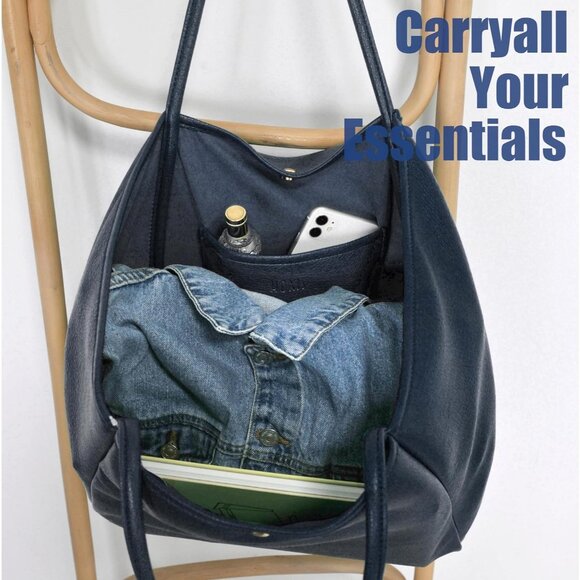 Hoxis Women Navy BluePU+Polyester Weekender Oversize Vegan Leather Tote Handbag - Picture 5 of 7